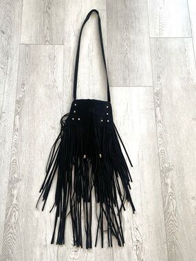 Black Suede Fringe Crossbody Bag with Stud Detail